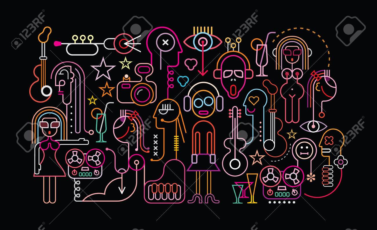 音楽とカクテル パーティーのベクトル イラスト 黒の背景にシルエットでネオンの光 のイラスト素材 ベクタ Image 音楽とカクテル パーティーのベクトル イラスト 黒の背景にシルエットでネオンの光 のイラスト素材 ベクタ Image