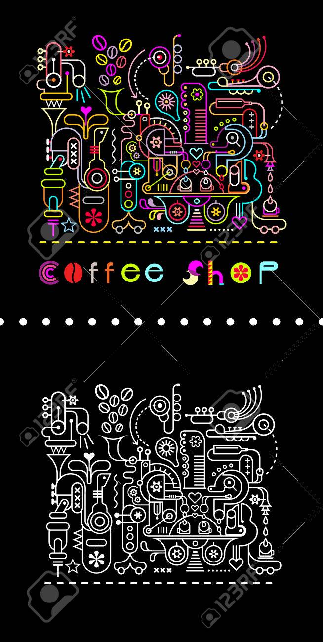 コーヒー ショップ ベクトル図の 2 つのバリエーション ネオンの色は黒の背景に黒の背景に白のライン アート画像 マジック コーヒー ショップで コーヒー豆が地面し 音楽と調和音 純粋な水 花の香り のイラスト素材 ベクタ Image