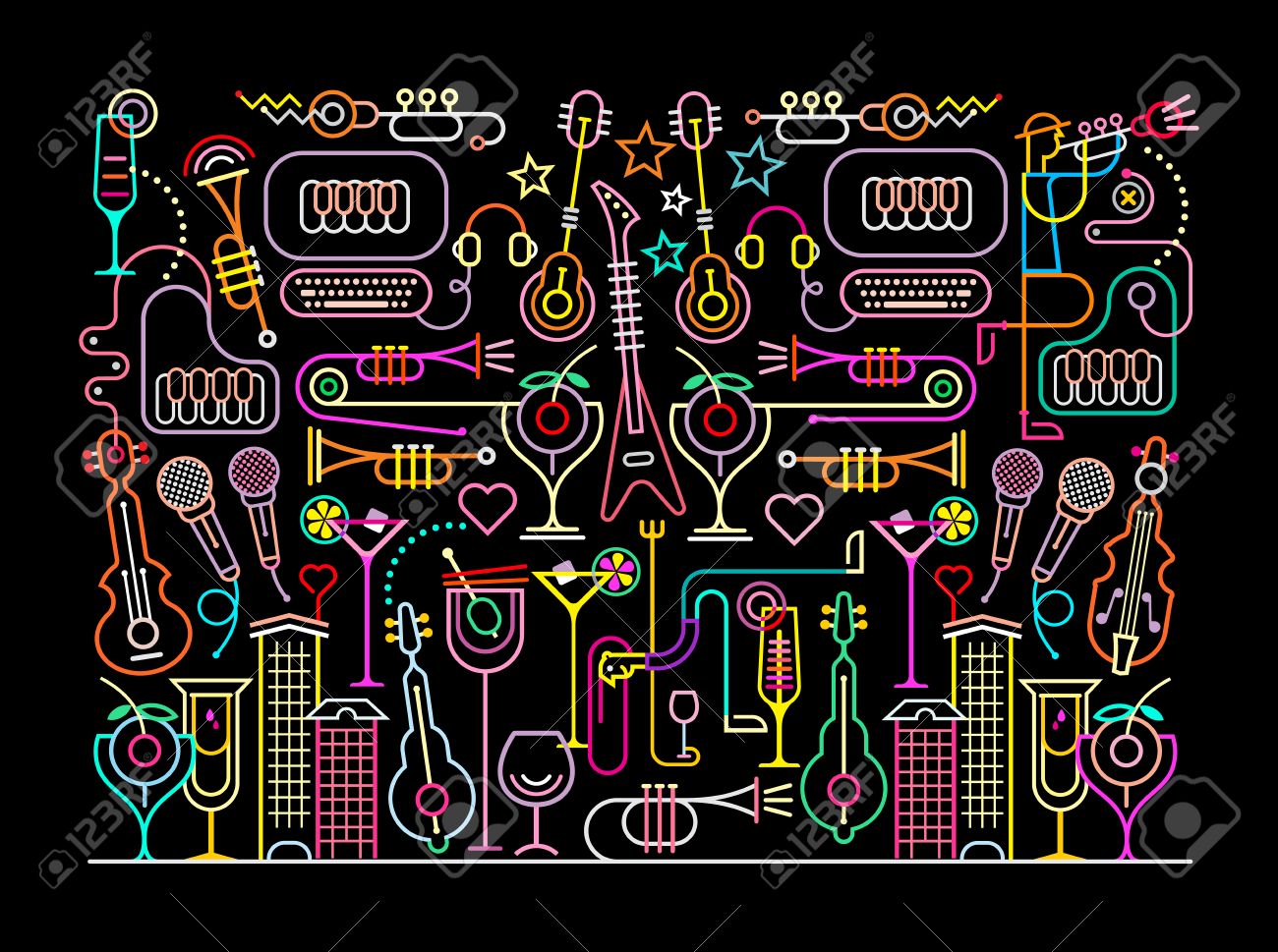 Neon colors on a black background Nightclub Cocktail Party illustration. Abstract art composition. - 53447416 Neon colors on a black background Nightclub Cocktail Party illustration. Abstract art composition. - 53447416