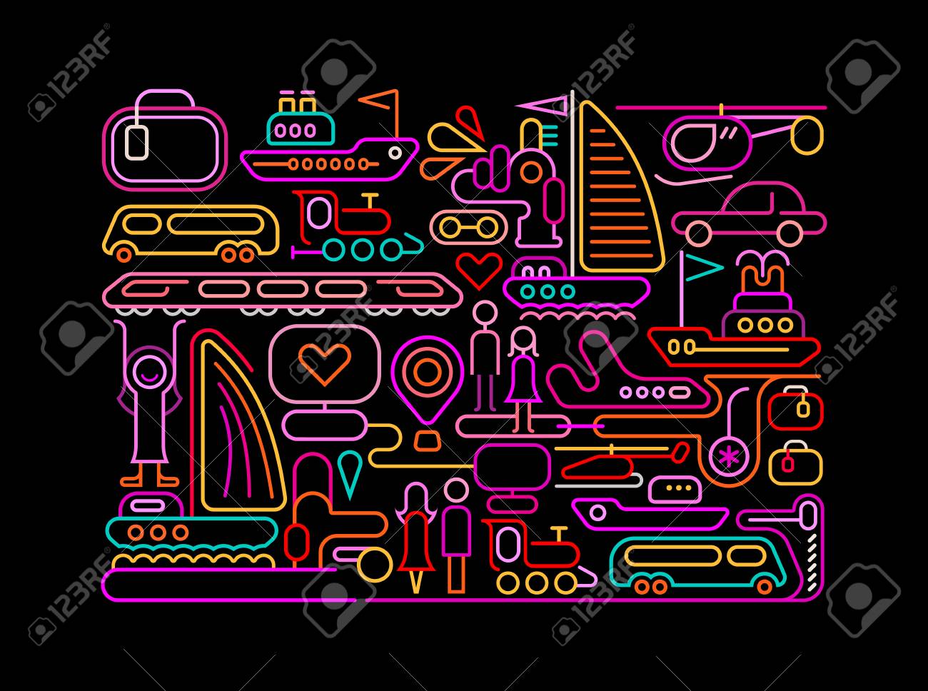 黒い背景夏の旅行にネオンの色ベクトル イラストです のイラスト素材 ベクタ Image