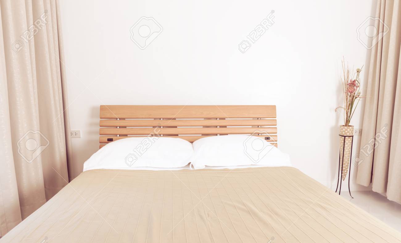 Interior Modern White Bedroom Decoration With Beige Curtains