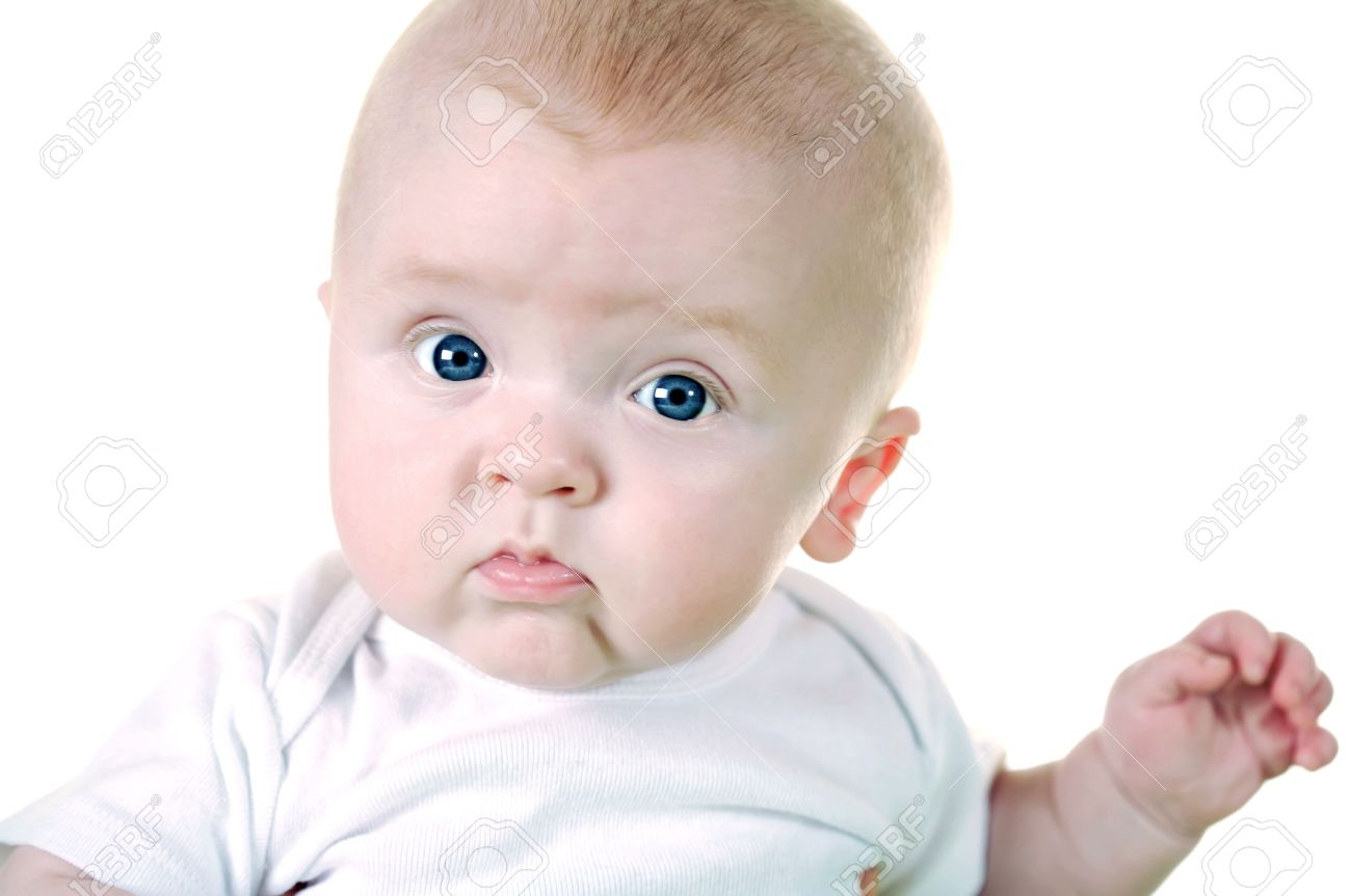 Up Close Of Cute Baby Face On White Background Stock Photo Picture