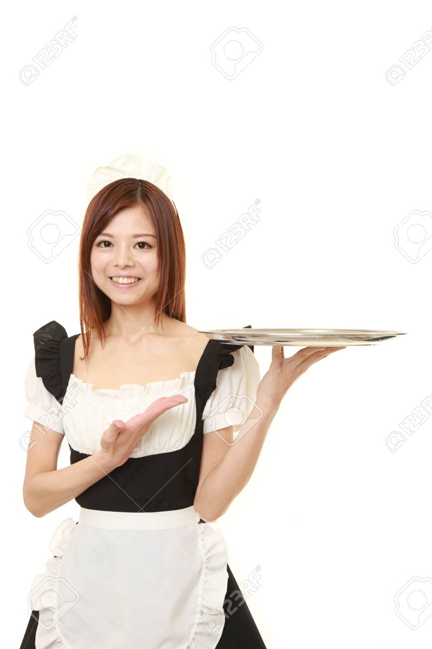 Young Japanese Woman Wearing French Maid Costume With Tray Stock Photo,  Picture and Royalty Free Image. Image 41306510.