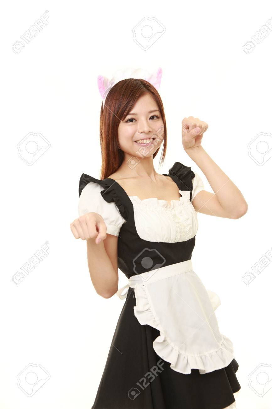 日本人の女性が身に着けているフランスと猫ポーズ猫耳メイド コスチューム の写真素材 画像素材 Image