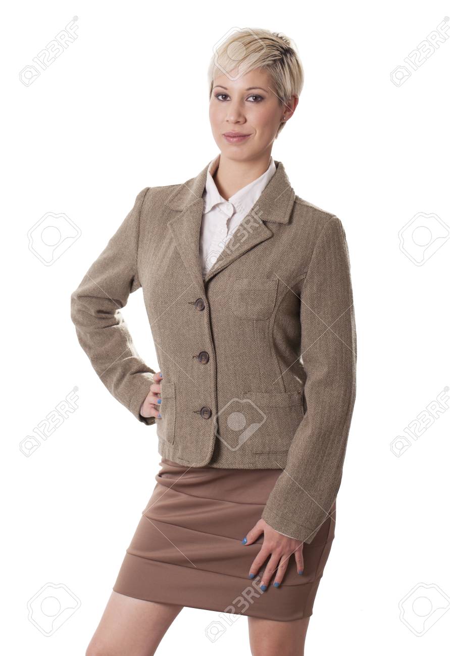 白い背景に陰険な笑みを浮かべて優雅な女性プロ の写真素材 画像素材 Image