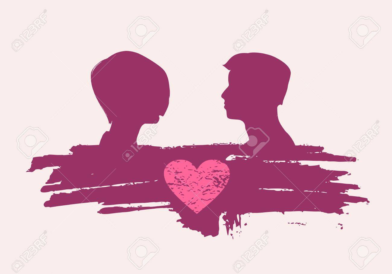男性と女性のシルエットが互いを見るします グランジ ブラシ ストローク 幸せのバレンタインの日と結婚式はデザイン要素です ベクトルの図 ピンクの失恋 横から見た図のイラスト素材 ベクタ Image