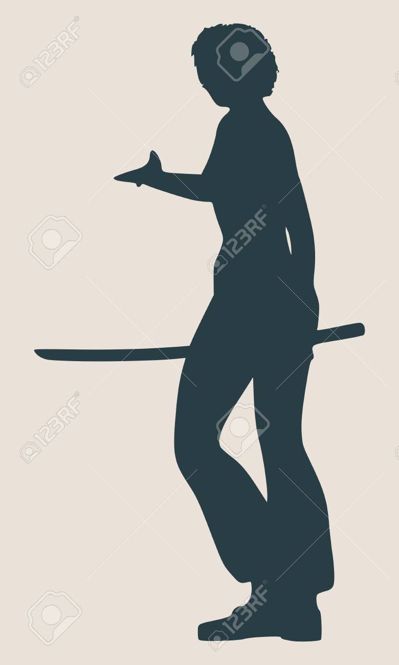 剣で女性の空手格闘技シルエットと戦う空手ポーズのイラスト素材 ベクタ Image