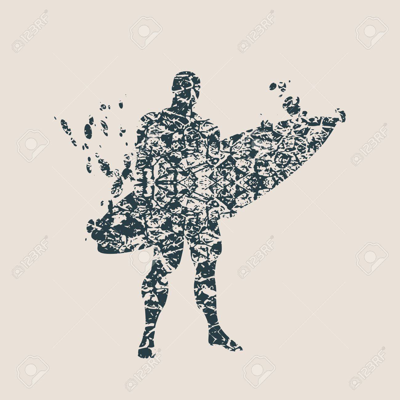 サーフボードとポーズの男 モノクロのシルエット イラスト ビンテージ サーフィン グラフィックと Web のエンブレムをデザインまたは印刷します グランジ スタイルのイラストのイラスト素材 ベクタ Image