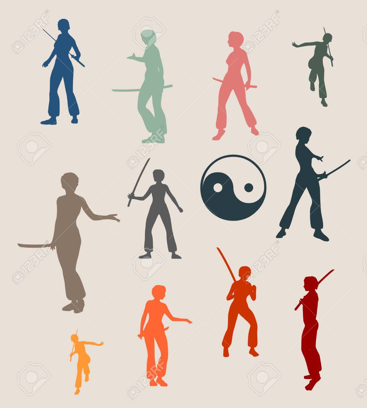 剣で女性のカンフー武術シルエットは戦う姿勢です 女性がポーズします のイラスト素材 ベクタ Image