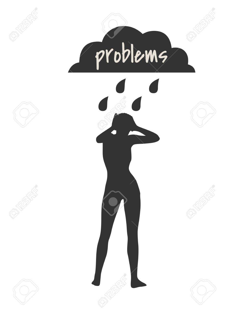 白い背景の上嵐雨雲の下で女性のシルエット 悲しみや抑うつについての概念図 問題テキストのイラスト素材 ベクタ Image