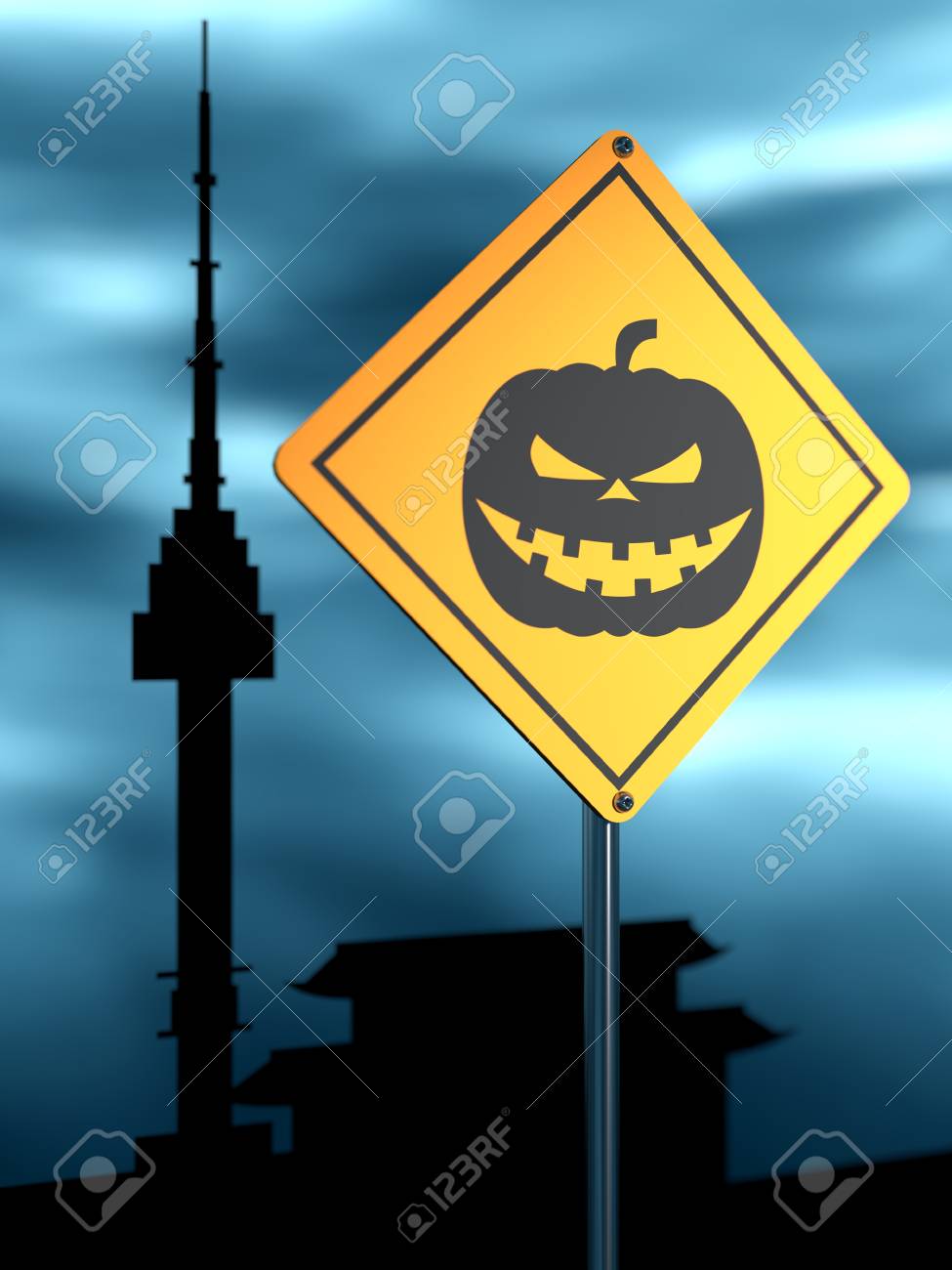 ハロウィーン カボチャ アイコンと警告黄色の道路標識 背景に嵐の雲 ソウルの有名な建物のシルエット 3 D レンダリング の写真素材 画像素材 Image 8751