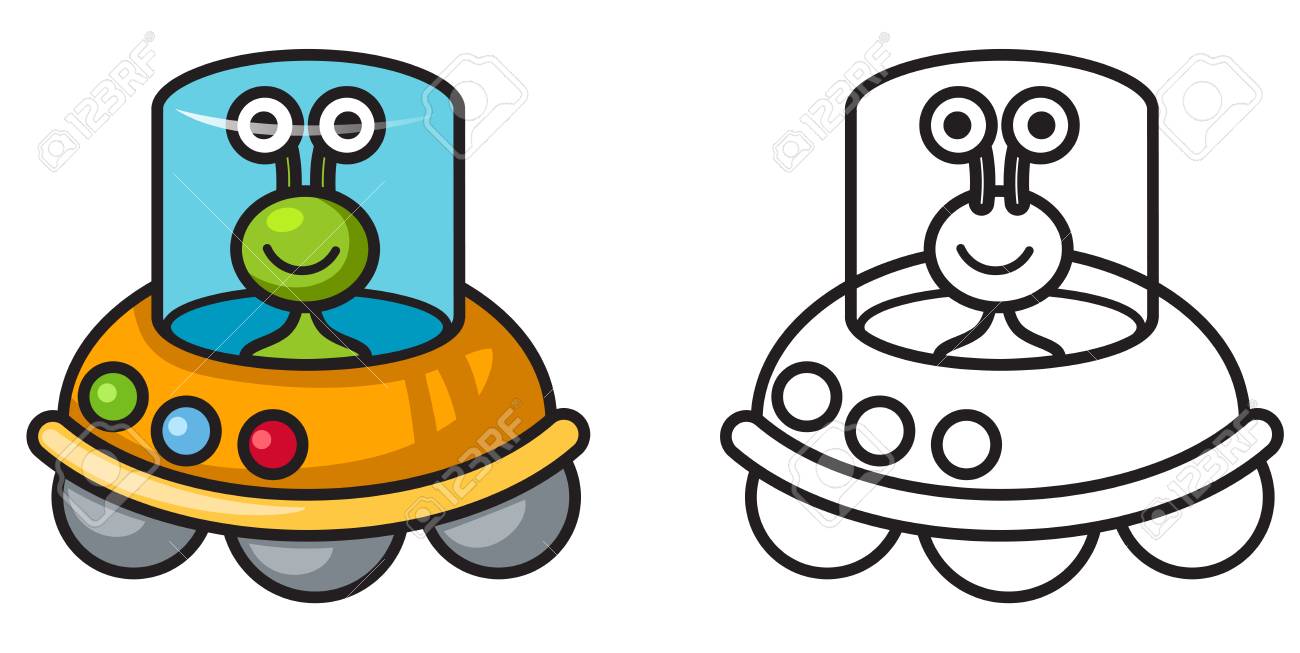 塗り絵の孤立したカラフルなと黒と白の Ufo のイラストのイラスト素材 ベクタ Image