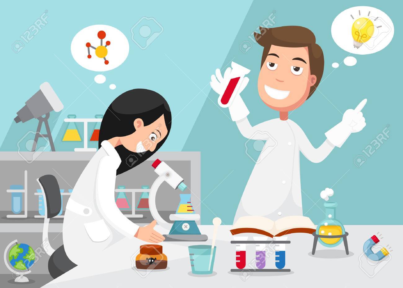 Scientists doing experiment surrounded by lab equipment . - 38628761 Scientists doing experiment surrounded by lab equipment . - 38628761