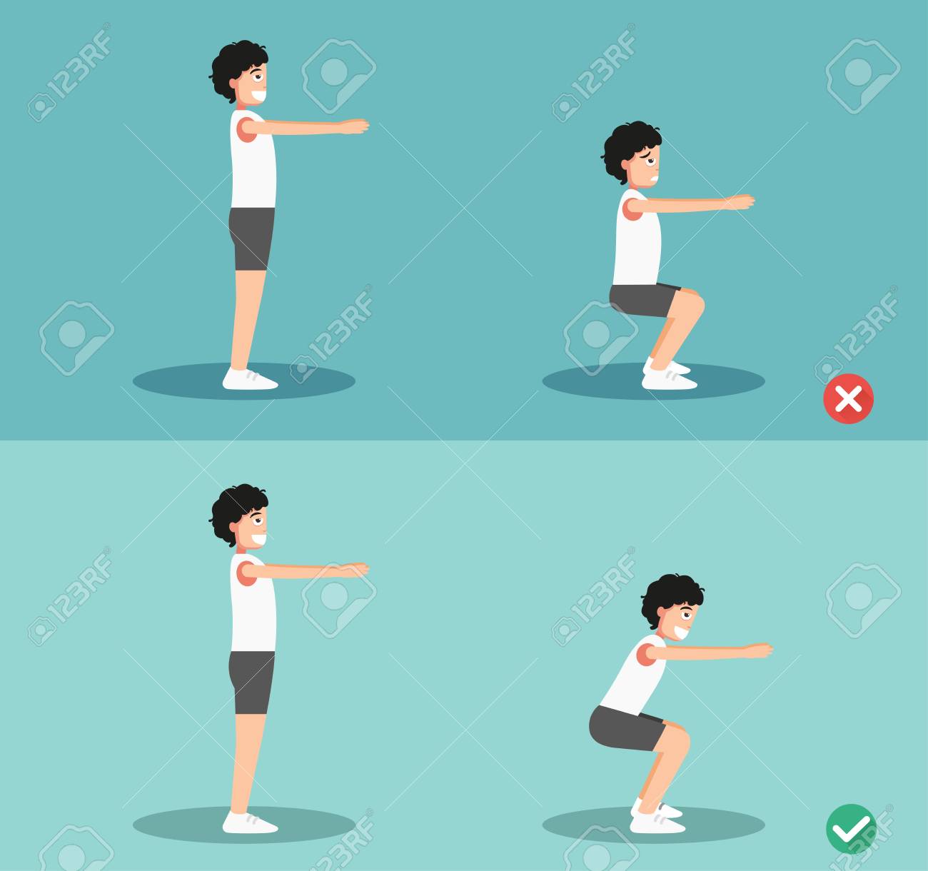 男性の間違っていると正しいスクワットの姿勢 ベクトル図のイラスト素材 ベクタ Image 男性の間違っていると正しいスクワットの姿勢 ベクトル図のイラスト素材 ベクタ Image