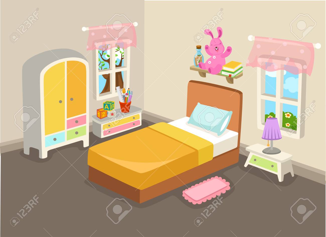 Vector Illustration Of A Bedroom Interior With A Bed Vector Royalty Free  SVG, Cliparts, Vectors, and Stock Illustration. Image 100429106.