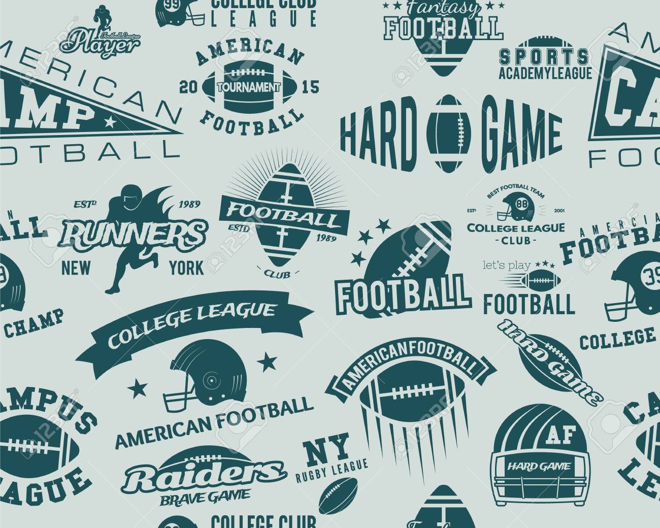 大学ラグビーとレトロなスタイルのアメリカン フットボール チームのシームレス パターン リーグ トーナメント T シャツ Web サイトのグラフィックのビンテージ デザイン スポーツは 青色の背景に印刷します ベクトル図のイラスト素材 ベクタ Image