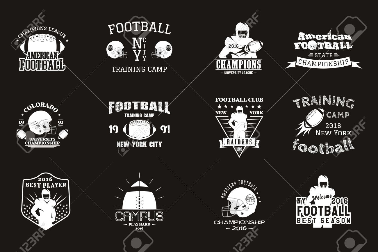 大学ラグビーとアメリカン フットボール チームのキャンパス 大学バッジ ロゴ ラベル記章用 T シャツ ビンテージ デザインのレトロなスタイルの Web します 黒の背景に分離したモノクロ印刷 ベクトル のイラスト素材 ベクタ Image