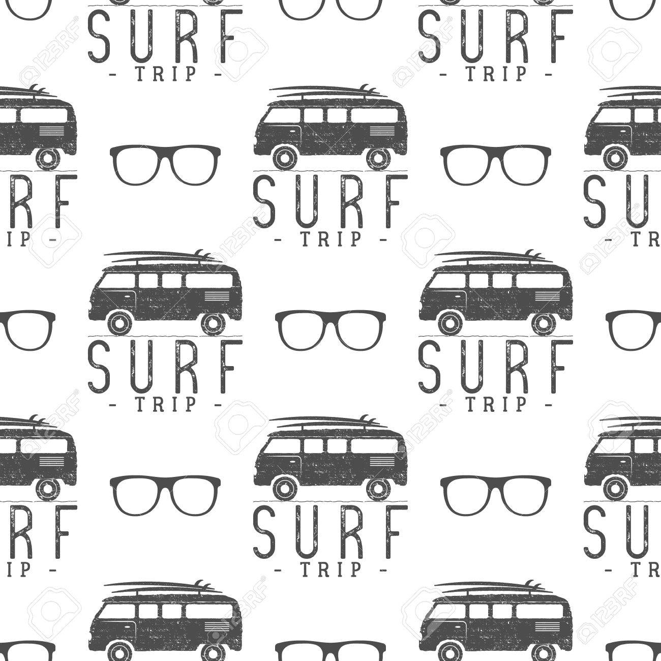 サーフィン ガラスとサーフィンのシームレスなパターンをベクトル サーファーのバン ガラス要素 Rv の壁紙印刷デザインをサーフィンします サーフィン のコンビ 夏プリント 背景テクスチャ サーフィンの休暇旅行 シルエット のイラスト素材 ベクタ Image