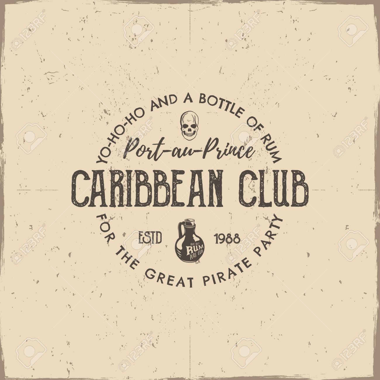手作りビンテージ ラベル エンブレム カリビアン クラブのロゴのテンプレート スケッチ スタイルはいっぱい 海賊と海シンボル 古いラム酒ボトル 海賊頭蓋骨 レトロなスタンプとパッチ ベクトル のイラスト素材 ベクタ Image