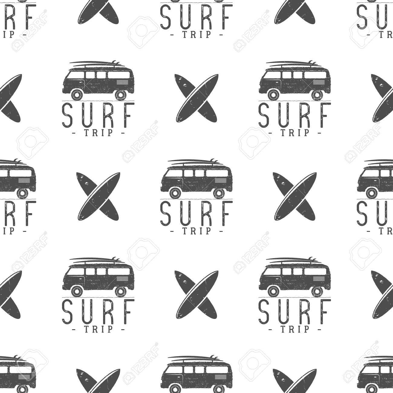 サーフィンの旅模様 夏のサーファーのバン サーフボードでシームレスなデザイン 白黒コンビ車 イラスト 生地の印刷 Web プロジェクト T シャツや T シャツのデザインに使用します の写真素材 画像素材 Image