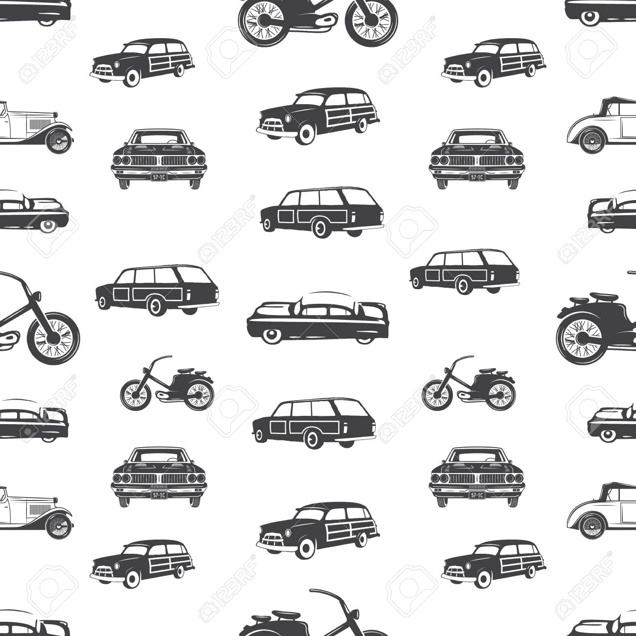 Surfing transport seamless pattern. Retro Surf car, motorcycle wallpaper background in monochrome style. Vintage hand drawn concept. Stock vector illustration isolated on white. - 105752691 Surfing transport seamless pattern. Retro Surf car, motorcycle wallpaper background in monochrome style. Vintage hand drawn concept. Stock vector illustration isolated on white. - 105752691