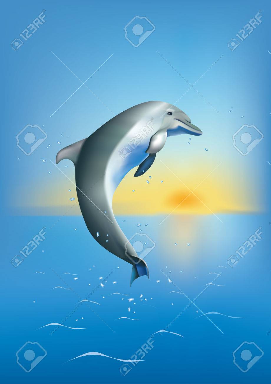 背景 Og 夕日の海でダイビング イルカ のイラスト素材 ベクタ Image