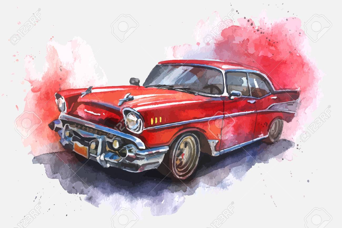 風景 水彩画 赤い車 水彩イラスト昔ながらの赤い車のイラスト素材・ベクター Image 51441352