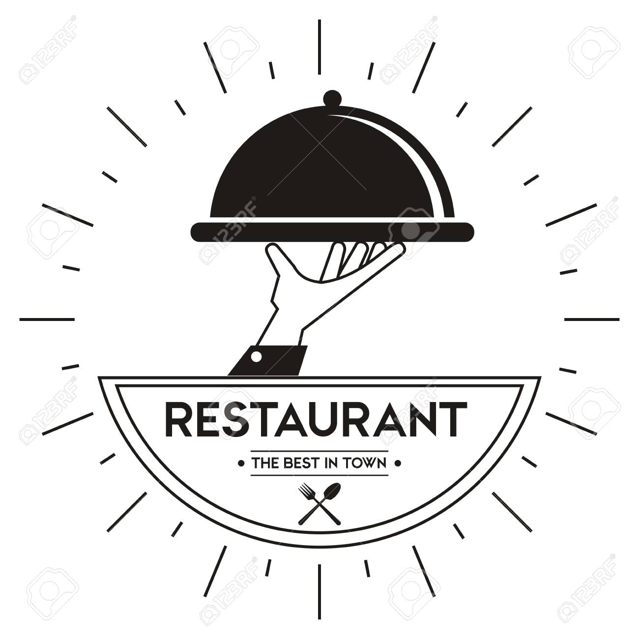 プレート アイコンによって表されるメニューと料理のコンセプトです 分離とレトロなイラスト 黒と白のイメージのイラスト素材 ベクタ Image