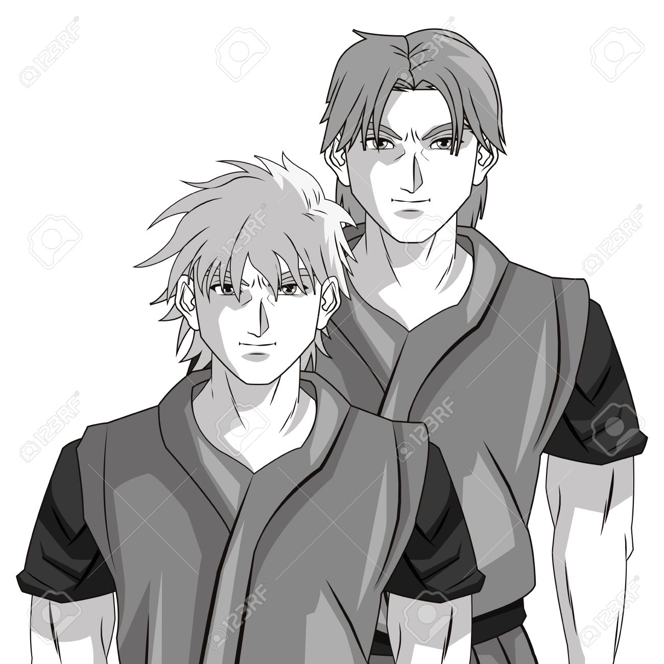 男の少年カップル アニメ漫画コミック漫画戦いアイコン ブラック ホワイト グレーと分離デザイン ベクトル図 のイラスト素材 ベクタ Image