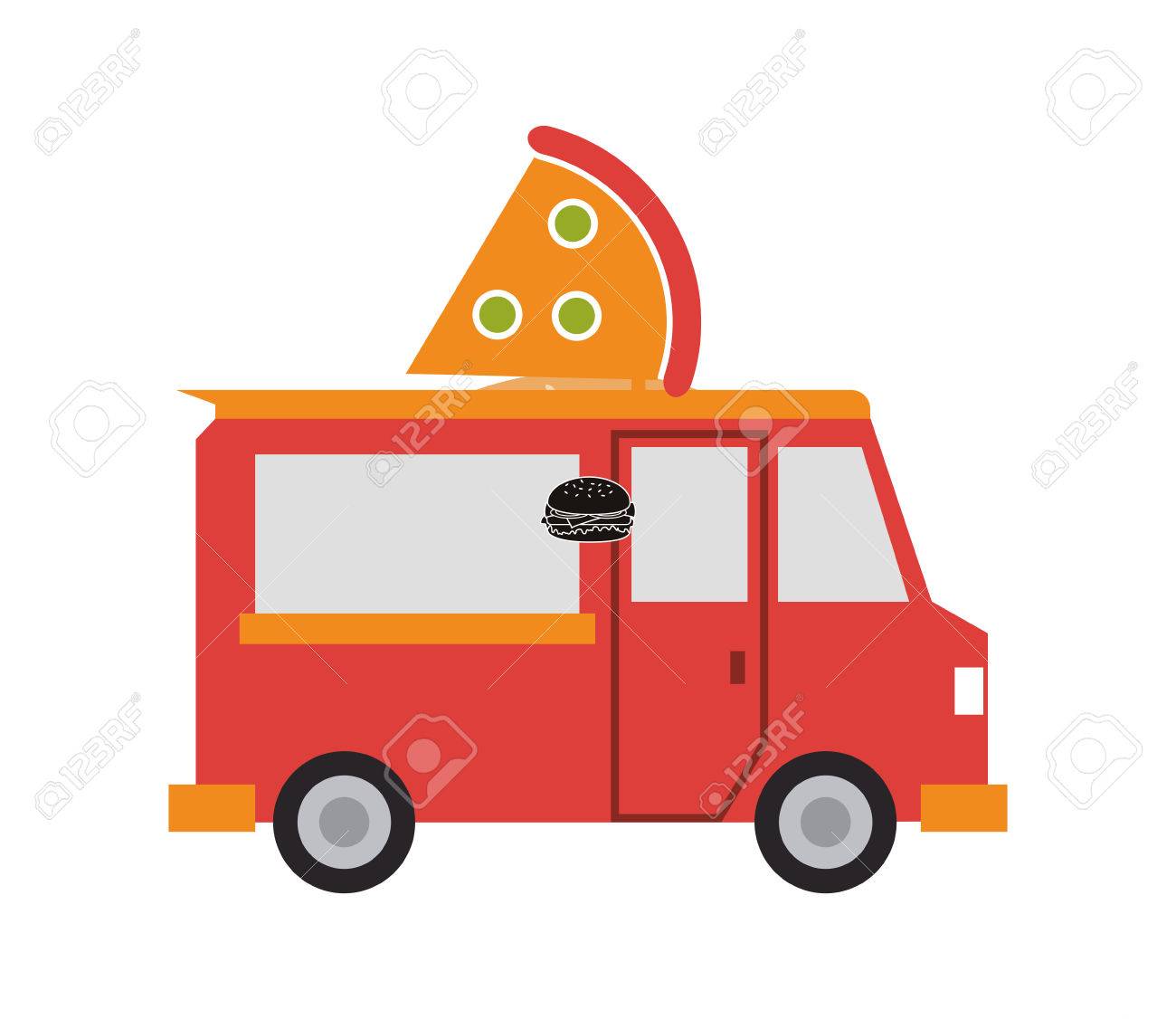 Pizza Truck Delivery Fast Food Urban Business Icon Flat And
