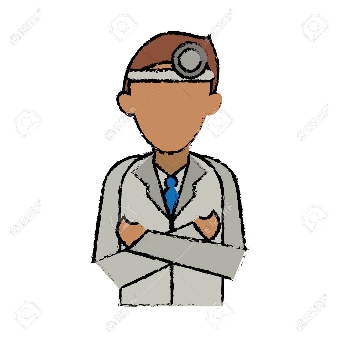 cartoon doctor crossed arms wearing head mirror medical consultation