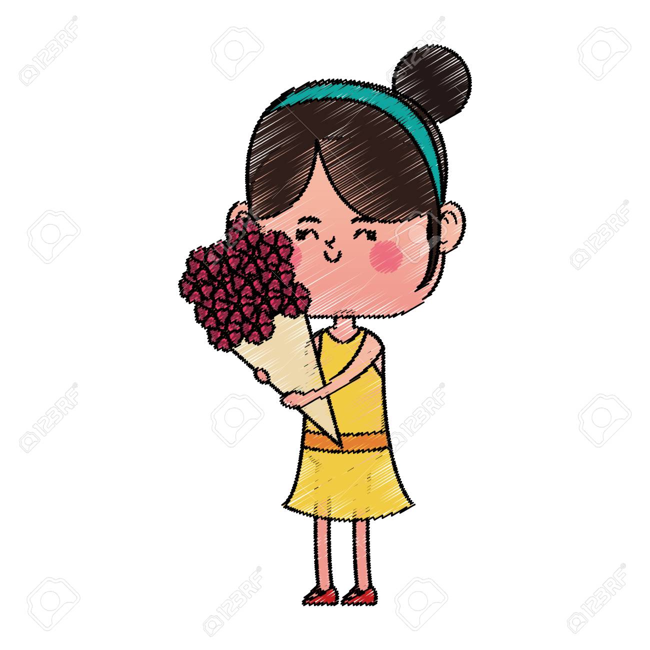 白い背景の上の花の花束と可愛い女の子 カラフルなデザイン ベクトル図のイラスト素材 ベクタ Image