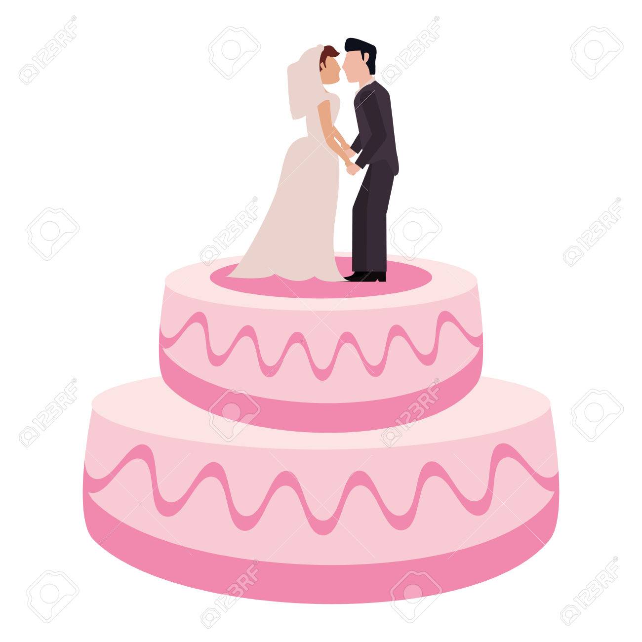 Wedding Cake With Sweet Couple Topper Vector Illustration Royalty