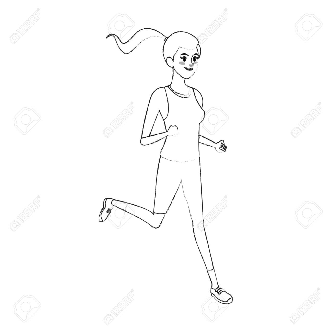 若い可愛い女性スポーツ アイコン画像ベクトル イラスト デザイン簡単なスケッチ線をジョギング のイラスト素材 ベクタ Image