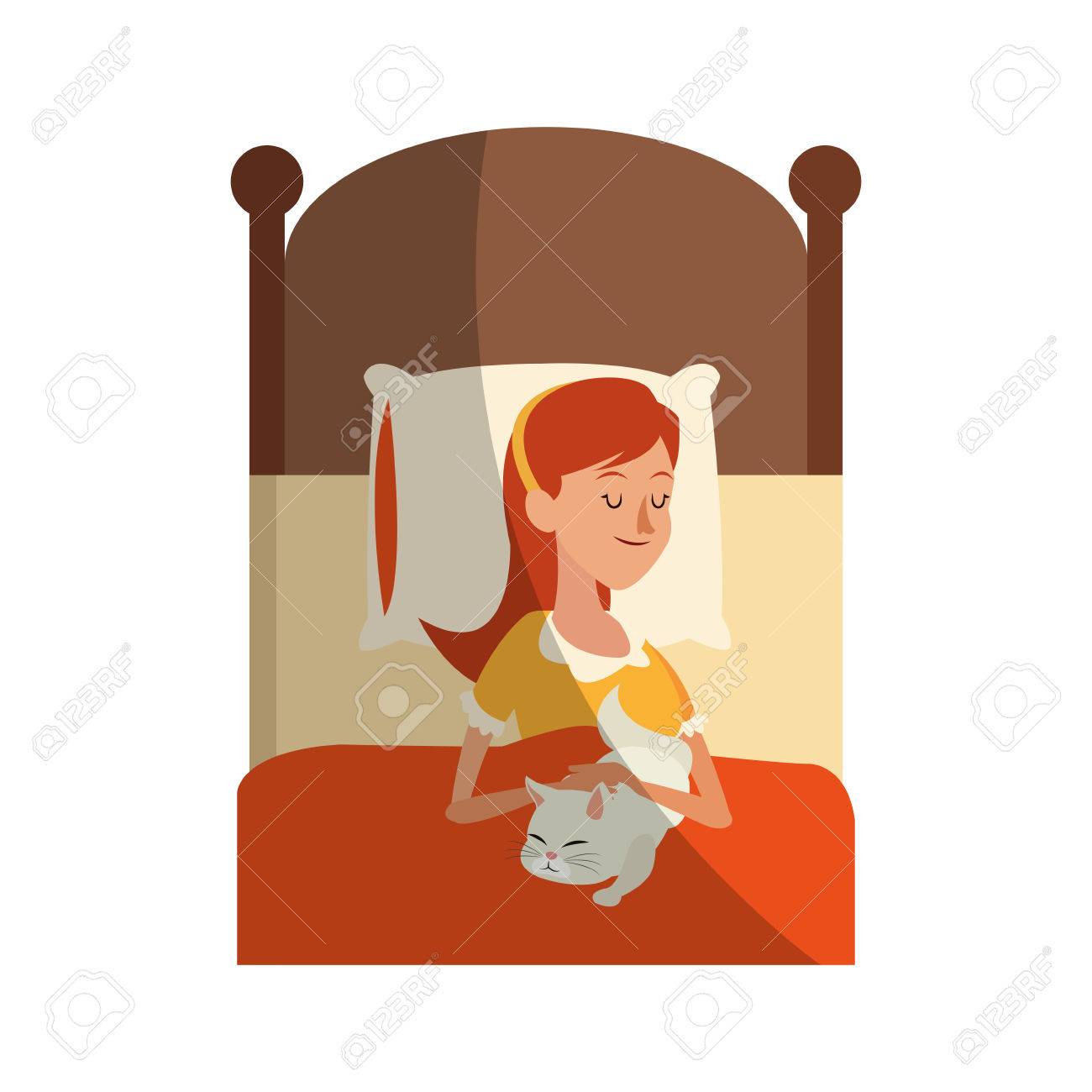 Femme Dormant Au Lit Avec Son Chat Icone De Dessin Anime Sur Fond Blanc Design Colore Illustration Vectorielle Clip Art Libres De Droits Vecteurs Et Illustration Image