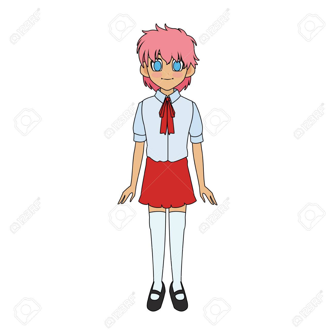 Colière Mignonne Ou Manga écolière Avec Les Cheveux Roses Et Les Yeux Bleus Icône Image Design Dillustration Vectorielle