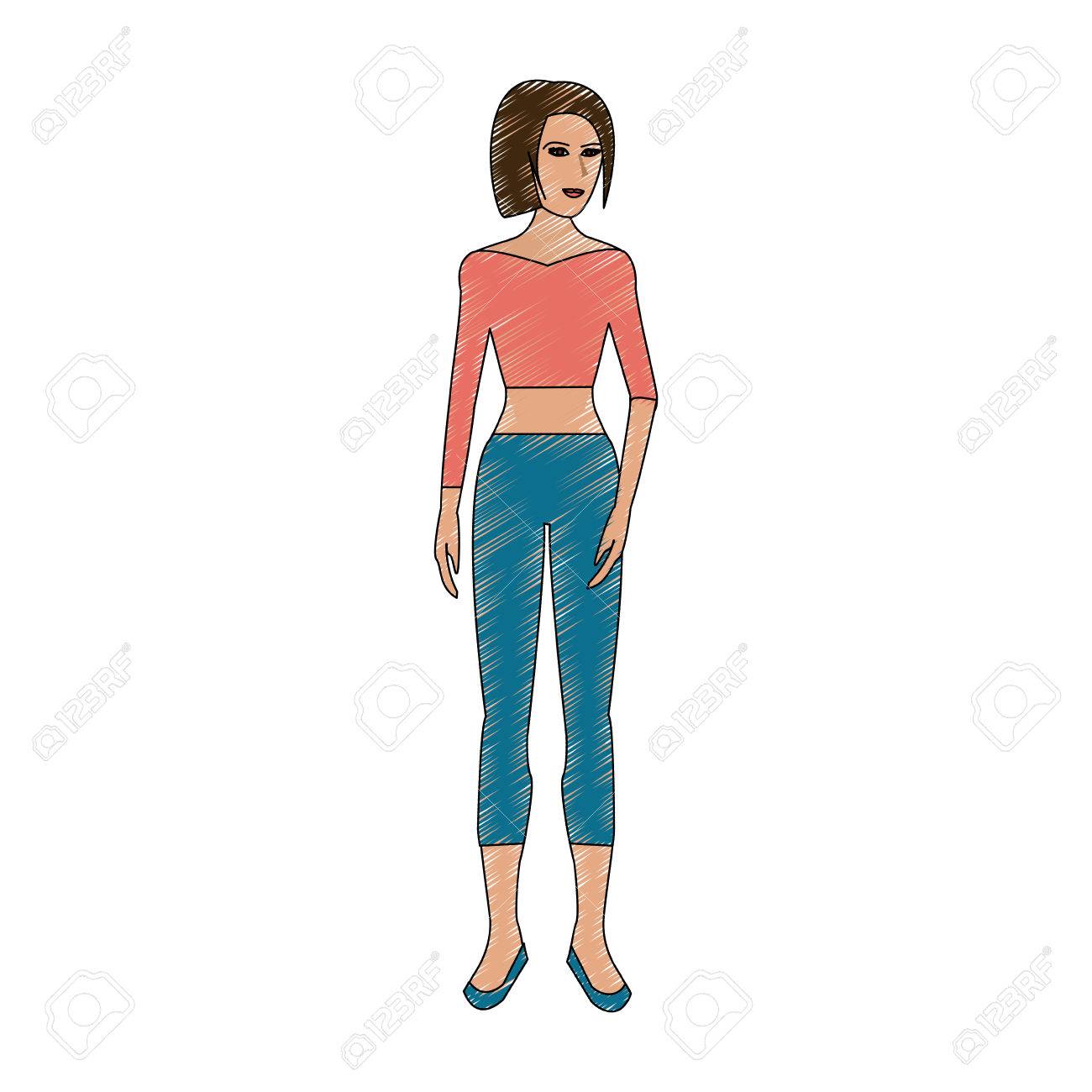 Mujer De Cuerpo Completo De Dibujos Animados De Lápiz De Color Con  Pantalones Y Ilustración Vectorial Superior Ilustraciones Svg, Vectoriales,  Clip Art Vectorizado Libre De Derechos. Image 77102204.