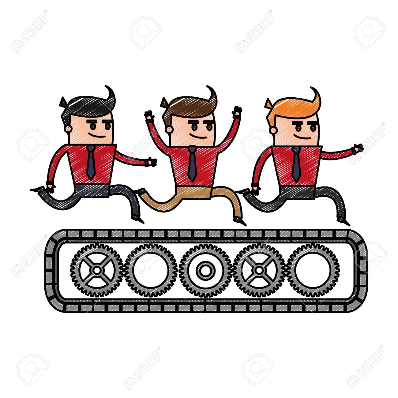 Trabajo En Equipo De La Historieta Del Lápiz Del Color Que Monta Un Cinturón Con La Ilustración Del Vector De Los Engranajes