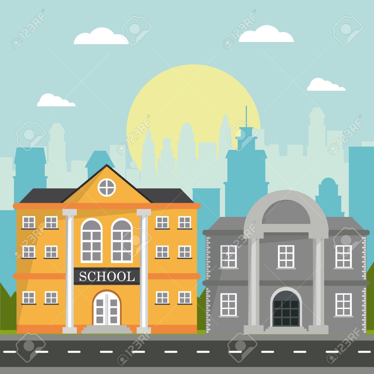 学校や銀行の建物の高層ビルの風景都市ベクトル イラストのイラスト