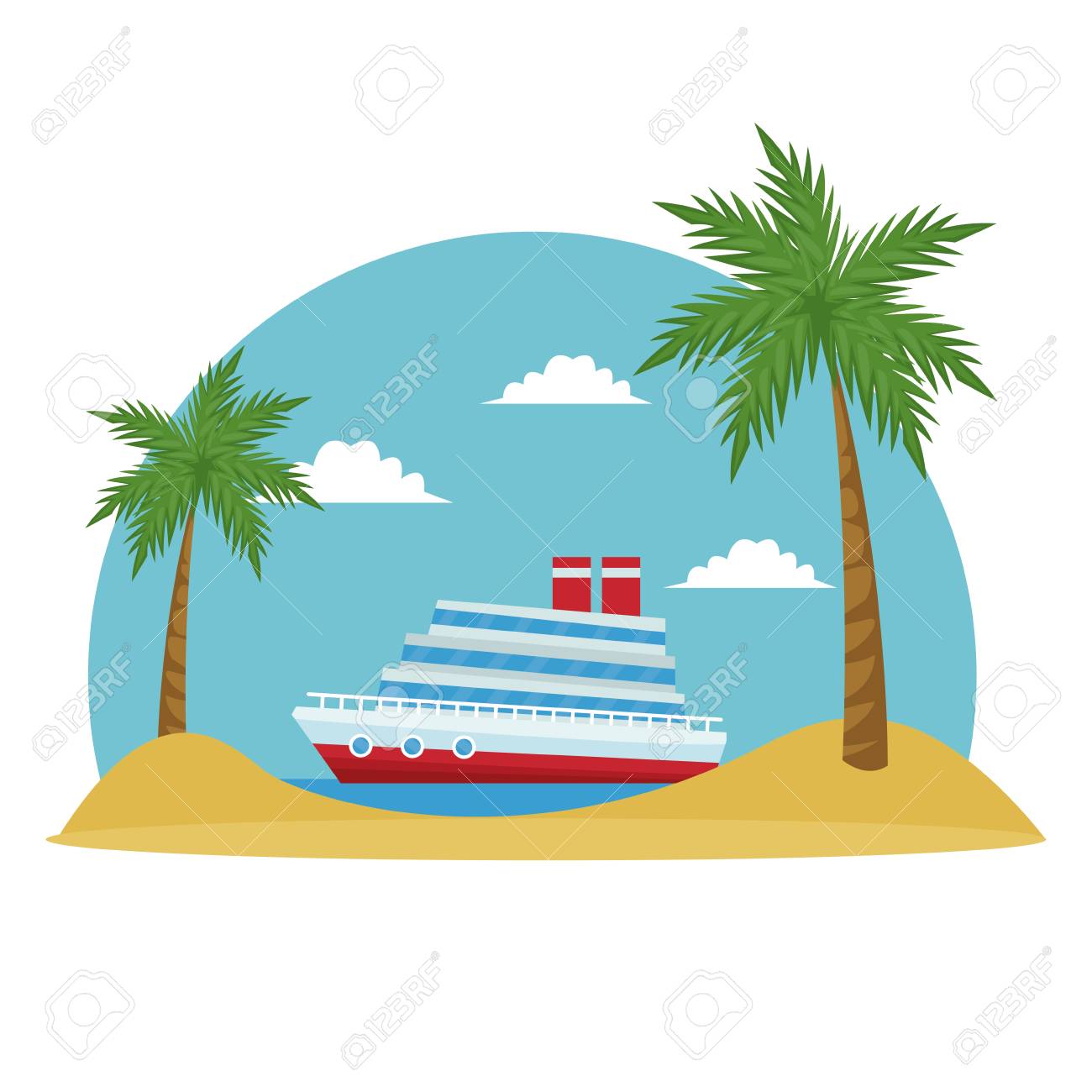 Dessin Animé Croisière Bateau Tropical Plage Palmier Vector Illustration
