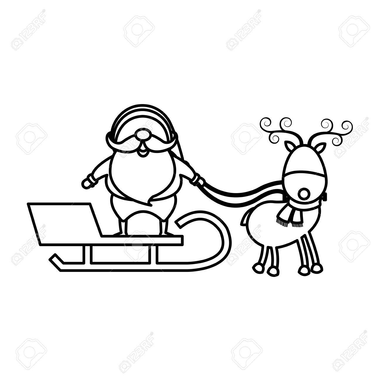 Christmas Santa Claus Reindeer Sledge Outline Vector Illustration