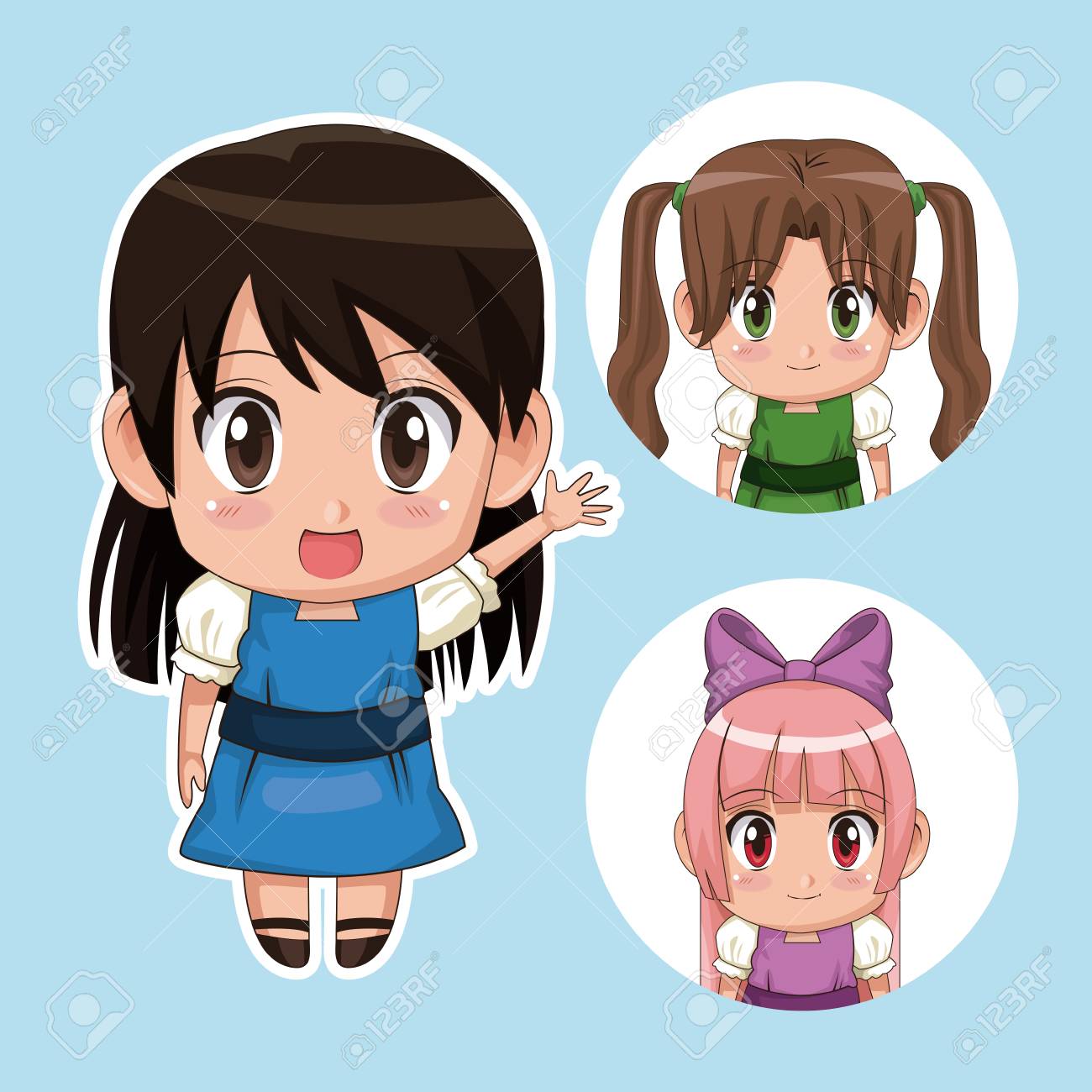Blue Color Set Cute Anime Tennagers Girl In Dress With Several Facial Expressions Vector Illustration Royalty Free Cliparts Vectors And Stock Illustration Image