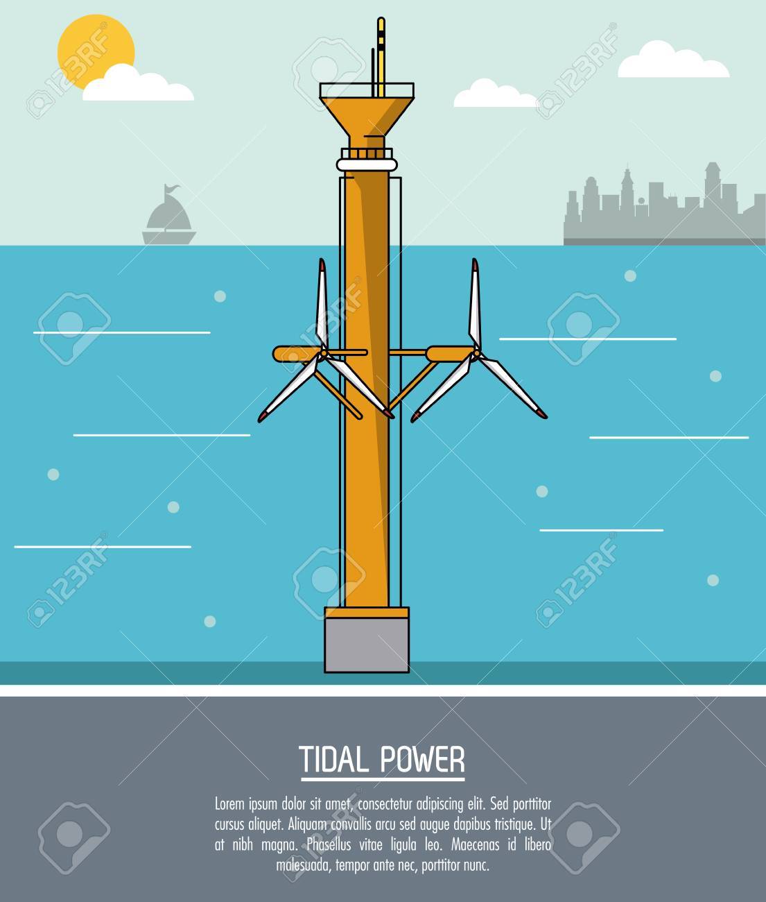 color sea landscape background tidal power plant with turbines vector illustration Stock Vector - 79654930