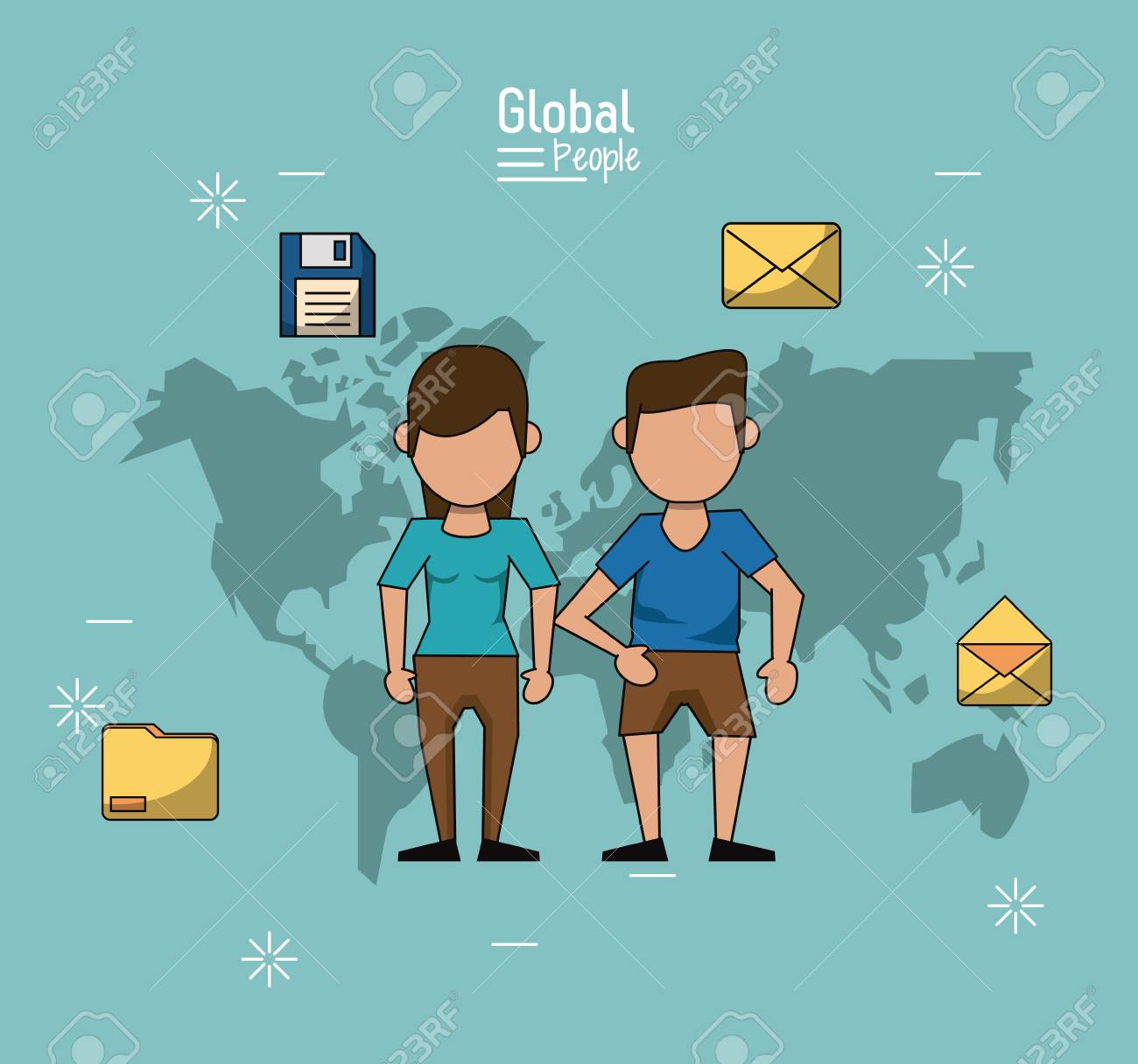 世界および情報アイコンとクローズ アップでいくつかのマップを持つ明るい青の背景を持つ世界の人々 のポスター ベクトル イラストのイラスト素材 ベクタ Image 81011042