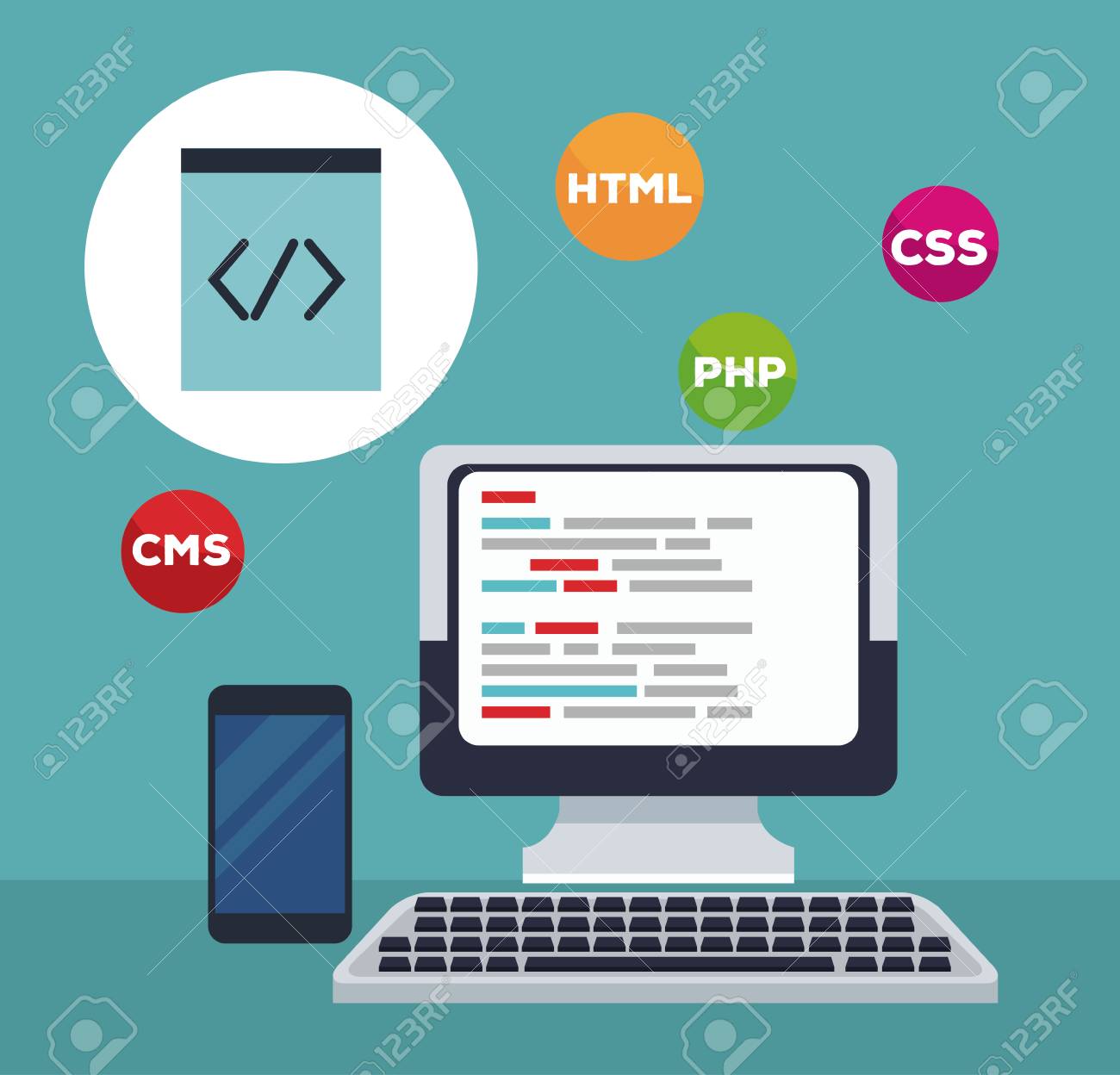 カラー背景技術コンピューター プログラミング言語および携帯電話ベクトル イラスト アイコン のイラスト素材 ベクタ Image