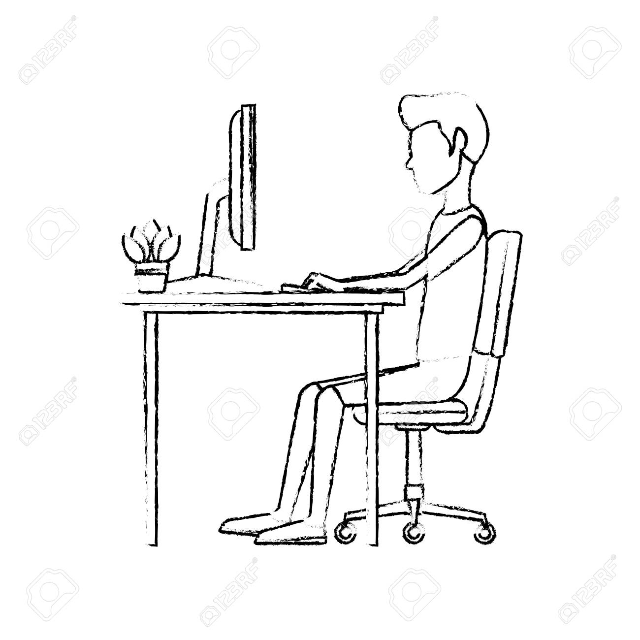 Man Character Sitting Working Desk Computer Vector Illustration