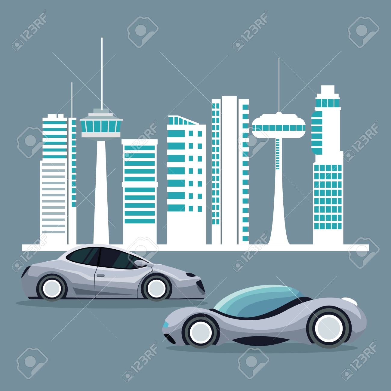 現代自動車のカラフルなセットと未来都市の風景シルエット ベクトル イラスト のイラスト素材 ベクタ Image