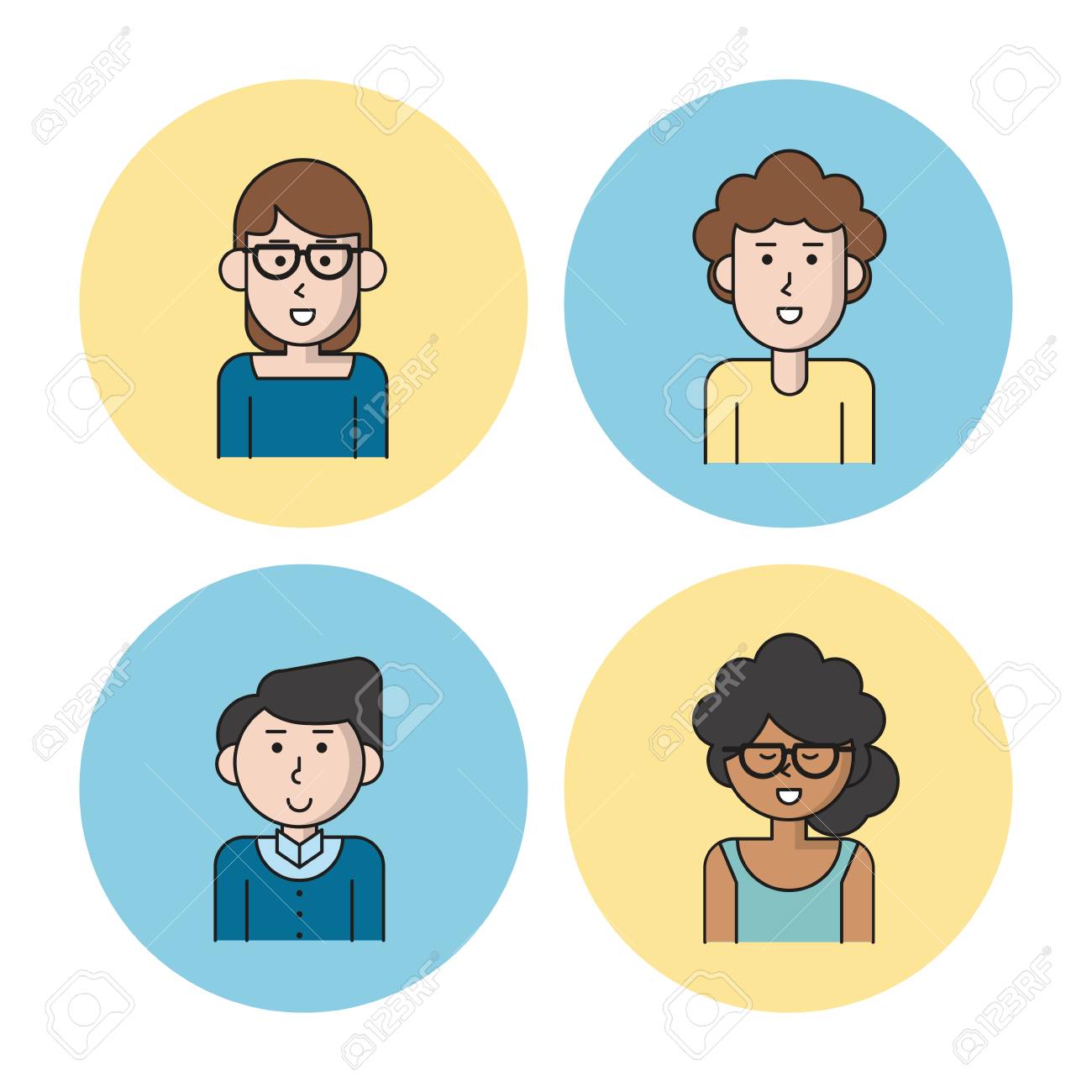 白の背景にカラフルな円人チーム半身の女性のアイコンで白人とアフロ メガネとカジュアルな服やカジュアルな服の白人男性のベクトル イラストのイラスト素材 ベクタ Image