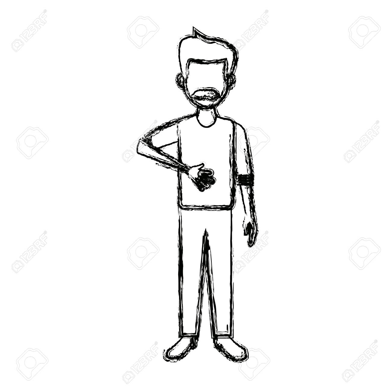 彼の胃のベクター イラストを片手に立っている私服の男の文字のイラスト素材 ベクタ Image