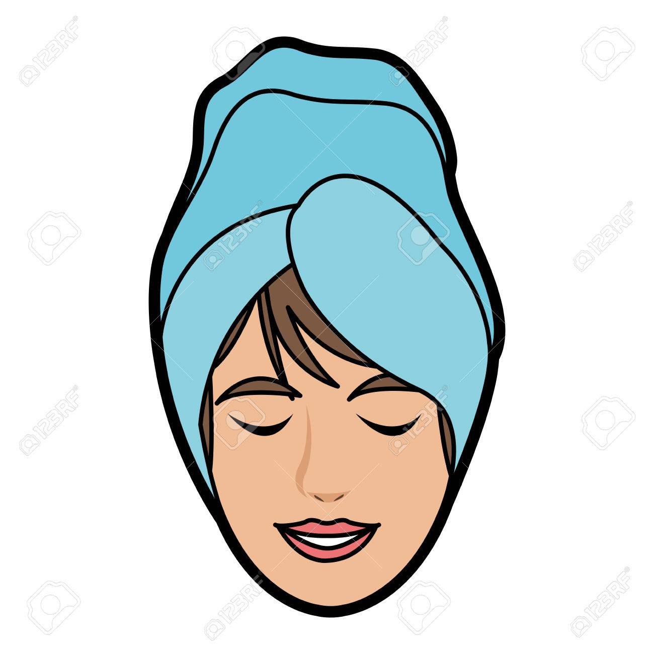 喜び彼女の顔スパ センター関連のアイコン画像をタオルで巻き髪の女性イラスト デザインのベクトルのイラスト素材 ベクタ Image